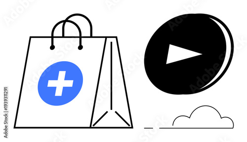 Online shopping, digital media, healthcare retail, content streaming, e-commerce platforms, modern delivery. Shopping bag with healthcare symbol and play button icon. Online shopping and digital