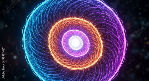 Colorful Atomic Nucleus with Electron Cloud Visualization.