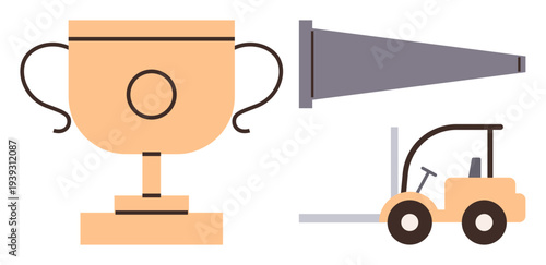 Achievement, motivation, industrial operations, communication tools, goal success, workplace assets. Trophy, megaphone and forklift in minimal design. Achievement and motivation concept