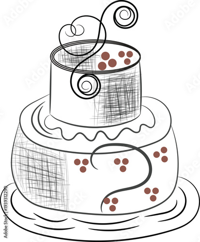 Piece of cake with cherries on a plate cartoon illustration dessert design