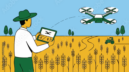 Farmer Controls Drone Over Golden Wheat Field With Tractor in Background Under Blue Sky