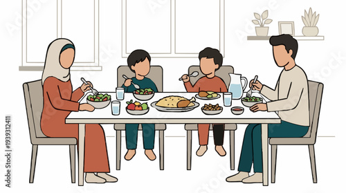 Family Enjoying a Meal Together Around a Dining Table With Food and Drinks on a White Background Minimalist Illustration Style
