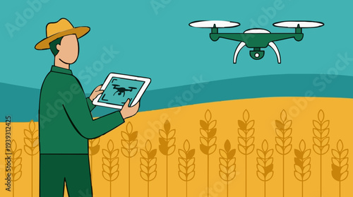 Farmer controlling a drone with a tablet in a golden wheat field under a clear blue sky