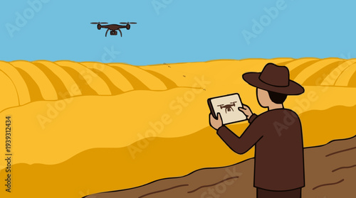 Farmer Inspecting Field Drone From Tablet Device In Golden Agricultural Landscape Under Clear Blue Sky