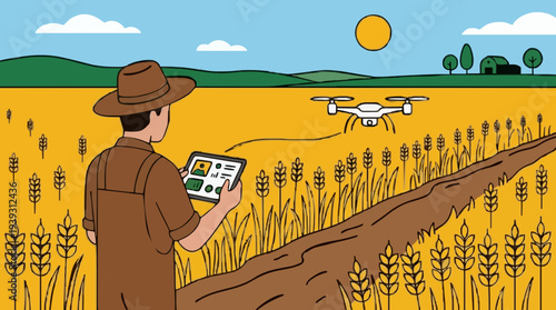 Farmer in brown outfit with hat operates drone using tablet in golden wheat field under sunny sky with distant farm buildings and rolling hills