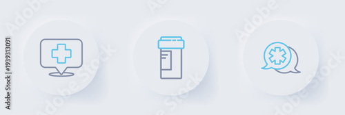 Set line Dialogue with the doctor, Medicine bottle and Map pointer cross hospital icon. Vector