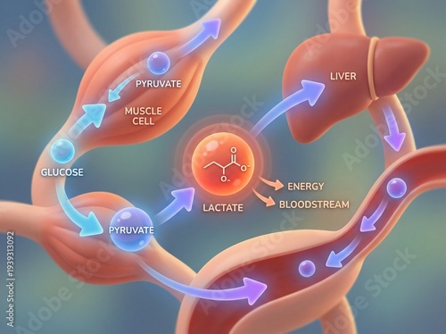 Lactate Production and Transport within the Human Body, Illustrating Cellular Metabolism and Energy Production