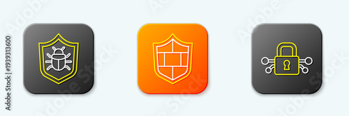 Set line System bug, Shield with brick wall and Cyber security icon. Vector