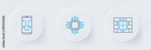 Set line Shield with brick wall, Processor microcircuits CPU and Mobile and face recognition icon. Vector