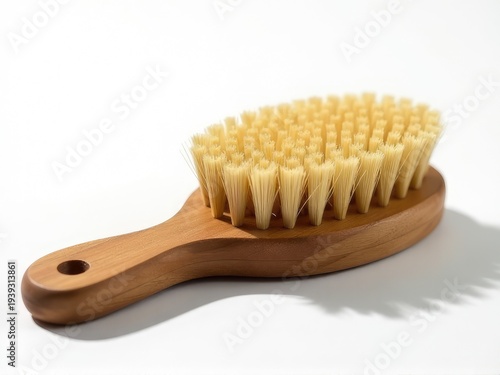 A single wooden brush rests on a plain white background, awaiting use
