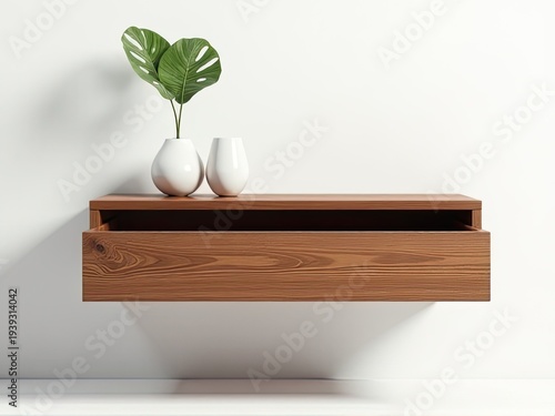 A simple wooden shelf with two white vases on top, suitable for home decor or minimalist design
