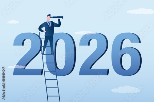 Confident businessman standing on ladder at year numbers. Investor uses spyglass for 2026 year outlook, economic forecast, future vision. Business opportunity or difficulties ahead