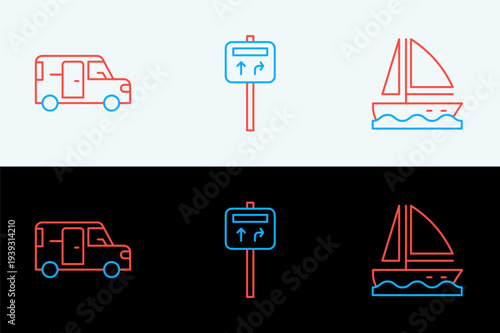 Set line Yacht sailboat, Minibus and Road traffic signpost icon. Vector