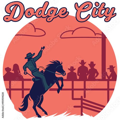 Retro Dodge City Kansas Rodeo Silhouette with Horse and Crowd