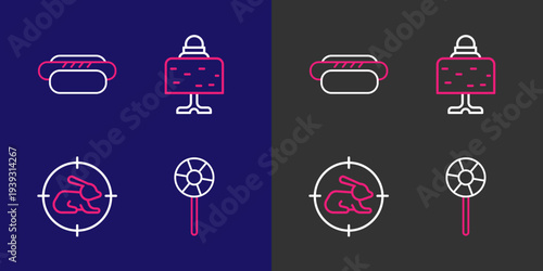Set line Lollipop, Hunt on rabbit with crosshairs, Magic ball table and Hotdog icon. Vector