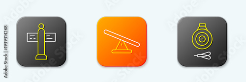 Set line Road traffic signpost, Seesaw and Classic dart board and arrow icon. Vector