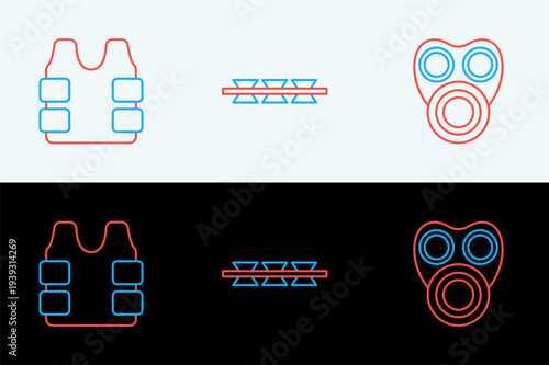 Set line Gas mask, Bulletproof vest and Barbed wire icon. Vector