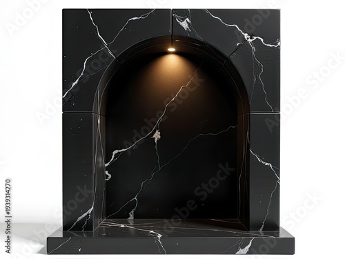 A black marble fireplace with a light above it
