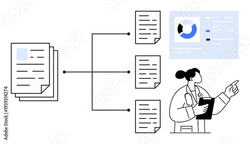 Medical data management. Medical data with documents, a doctor analyzing information, and graphical charts for efficient handling. Medical data assists health and records management. Perfect