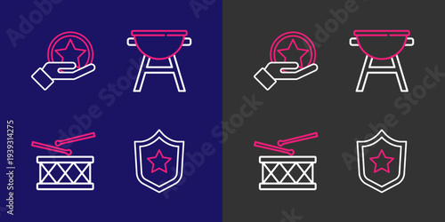 Set line Police badge, Drum and drum sticks, Barbecue grill and USA Independence day icon. Vector