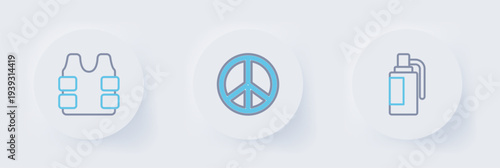 Set line Hand grenade, Peace and Bulletproof vest icon. Vector