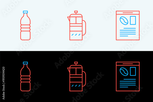 Set line Newspaper and coffee, Bottle water and French press icon. Vector