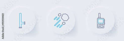 Set line Walkie talkie, Flying stone and Police rubber baton icon. Vector