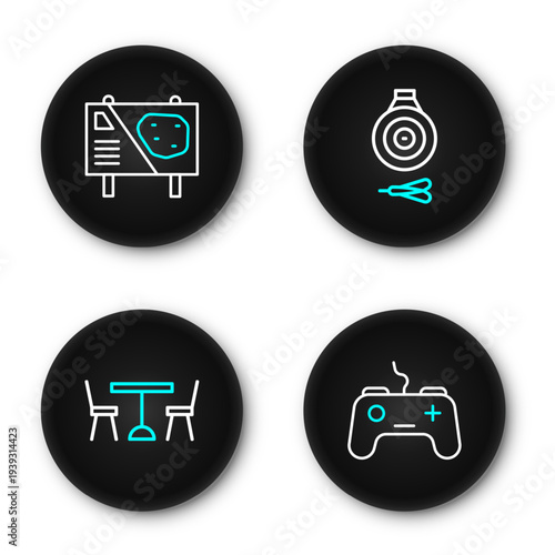 Set line Gamepad, Picnic table with chairs, Classic dart board and arrow and Amusement park billboard icon. Vector