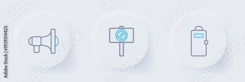 Set line Police assault shield, Protest and Megaphone icon. Vector