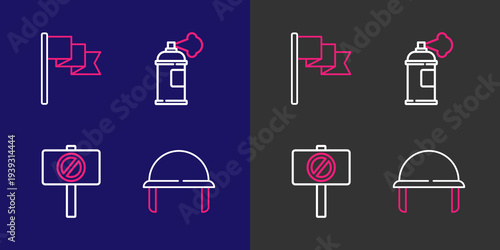 Set line Military helmet, Protest, Paint spray can and Location marker icon. Vector