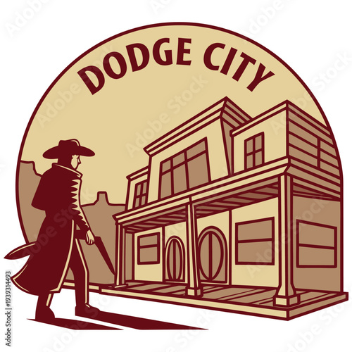 Western Gunfighter Silhouette in Front of Dodge City Saloon Building
