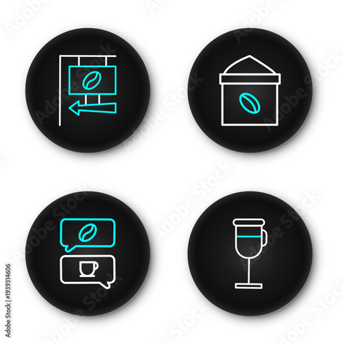 Set line Irish coffee, Coffee and conversation, Bag beans and Street signboard icon. Vector