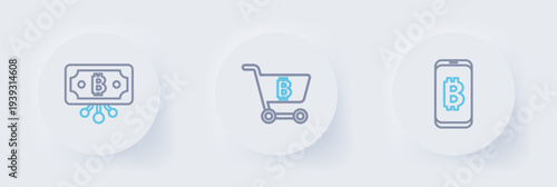 Set line Mining bitcoin from mobile, Shopping cart with and Bitcoin circuit icon. Vector