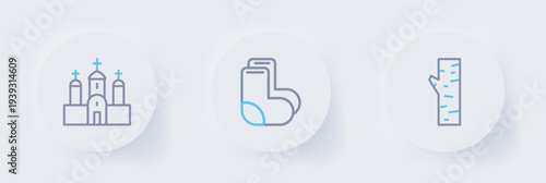 Set line Birch tree, Valenki and Church building icon. Vector