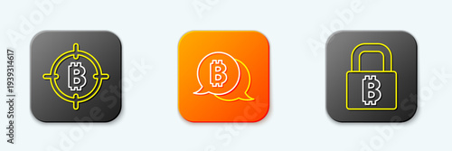 Set line Bitcoin in the target, and Lock with bitcoin icon. Vector