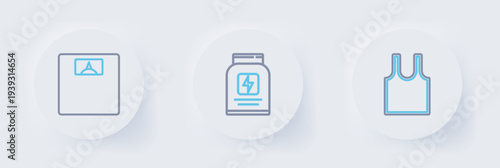 Set line Sleeveless T-shirt, Sports nutrition and Bathroom scales icon. Vector