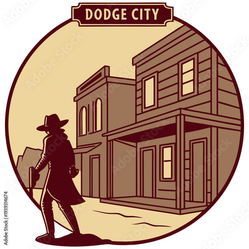 Dodge City Kansas Western Town Street with Cowboy Silhouette