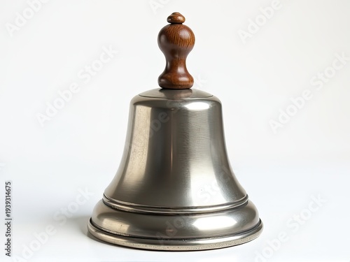 A metal bell with a wooden top sits on a white surface