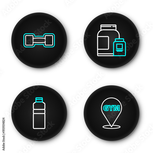 Set line Location gym, Fitness shaker, Sports nutrition and Dumbbell icon. Vector