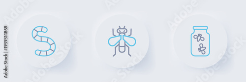 Set line Fireflies bugs in a jar, Insect fly and Worm icon. Vector