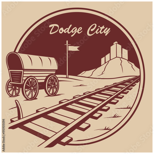 Dodge City Kansas Frontier Landscape with Wagon and Railroad Tracks