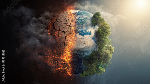 Concept of war effect on the earth. a pair of hands holding the earth, with city buildings on fire