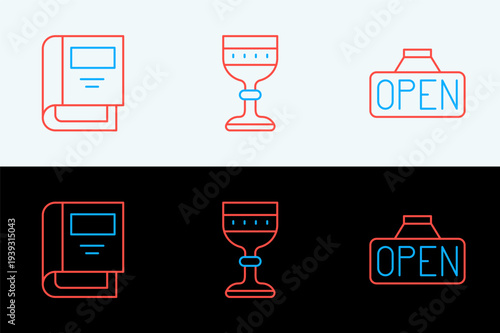 Set line Hanging sign with Open, History book and Medieval goblet icon. Vector