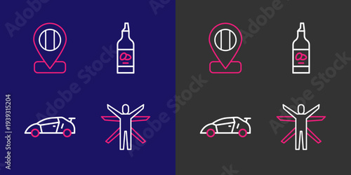 Set line Vitruvian Man, Sport racing car, Bottle of olive oil and Location flag Italy icon. Vector