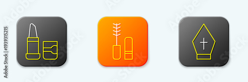 Set line Lipstick, Mascara brush and Pope hat icon. Vector