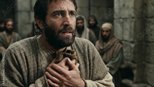 Dramatic historical scene of Judas Iscariot clutching a leather pouch containing thirty silver coins with a look of intense regret and inner torment amidst a gathering of men