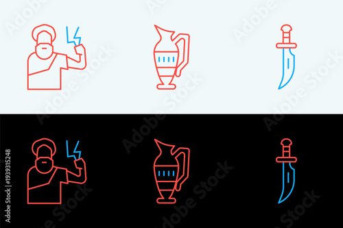 Set line Dagger, Zeus and Ancient amphorae icon. Vector