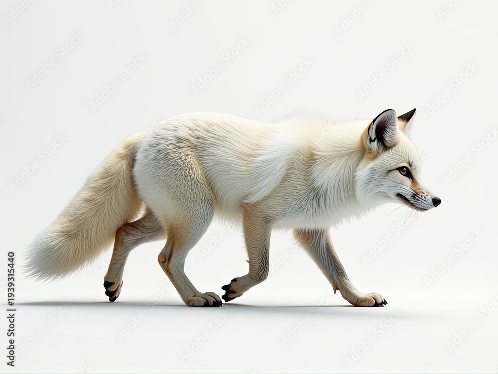 Fototapeta premium A white fox walks across a white surface, possibly snow or ice
