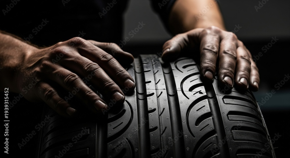 Fototapeta premium Hands inspecting detailed car tire tread pattern in dark workshop, automotive safety concept showing grip texture durability and professional vehicle maintenance