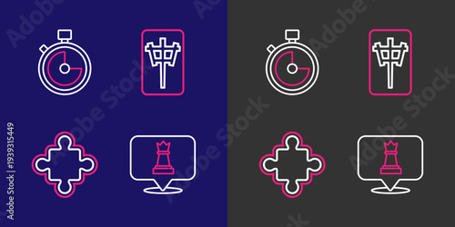 Set line Chess, Puzzle pieces toy, Mahjong and Stopwatch icon. Vector